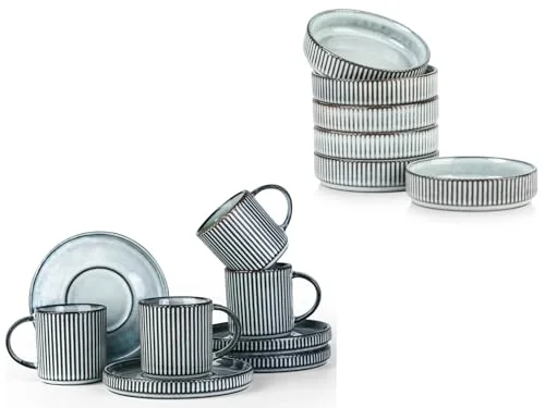 Famiware Smoky 4oz Dipping Bowl Set and 3oz Espresso Cups and Saucers Set