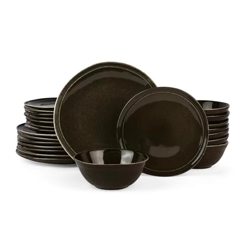 Famiware Stoneware Dinnerware Set for 8, Black Coffee