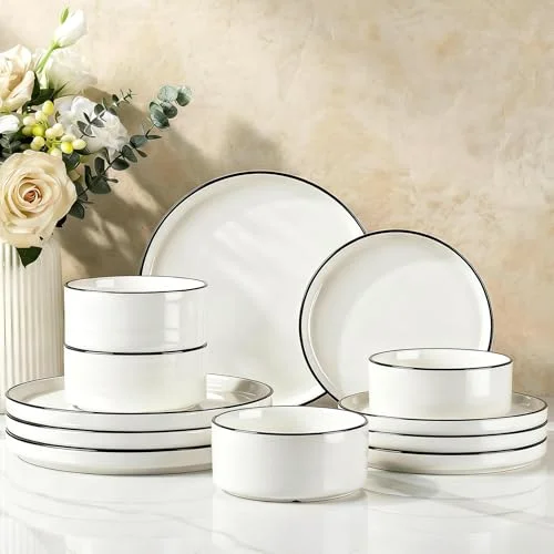 Famiware Porcelain 12-Piece Dinnerware Set, White with Black Trim
