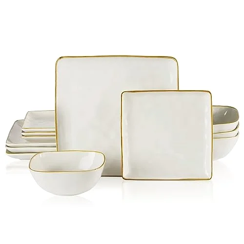 Famiware Ocean Square Stoneware Dinnerware Sets for 4, Vanilla White