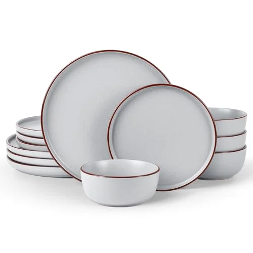 Famiware Mercury 12-Piece Stoneware Dinnerware Set, Light Grey