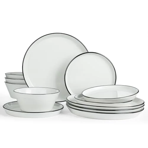 Famiware Saturn Dinnerware Sets, Ceramic Plates and Bowls for 4 with Trim