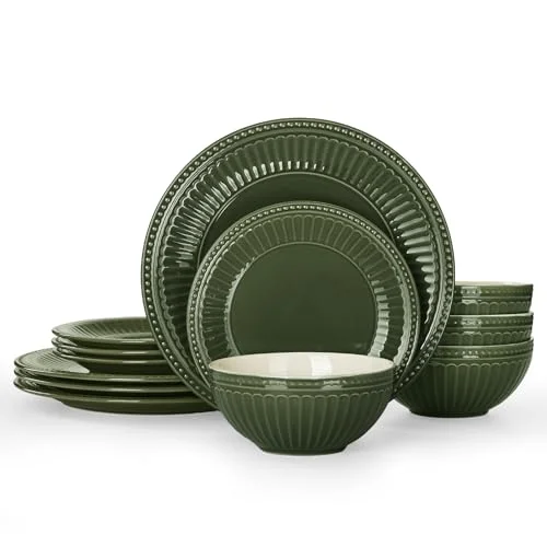 Famiware Ceramic Plates and Bowls Sets, Dark Green