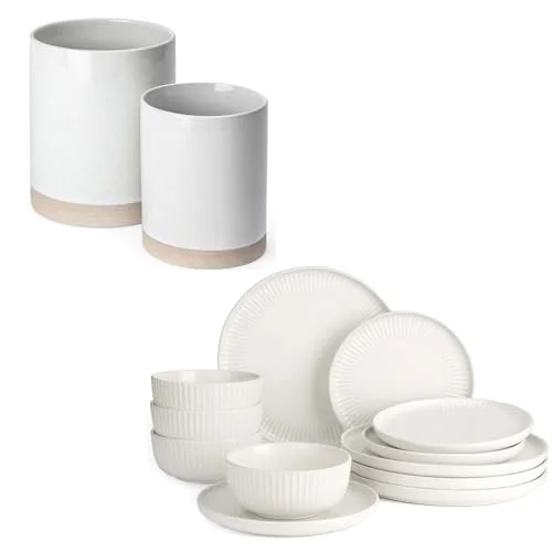 Famiware Dinnerware Sets Set of 4 with Utensil Holder Set of 2