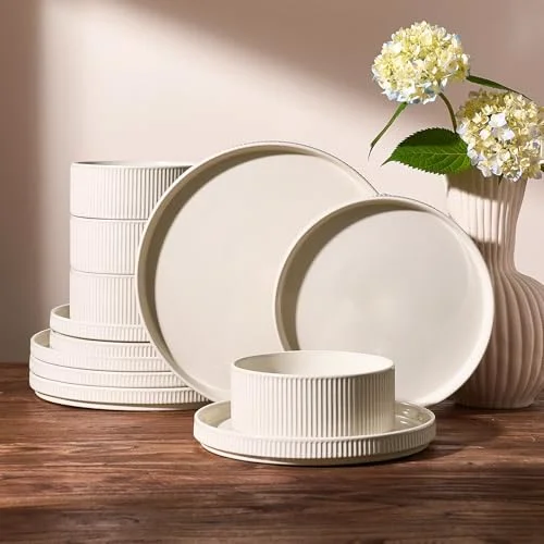 Famiware Ceramic Plates and Bowls Set, Oat White