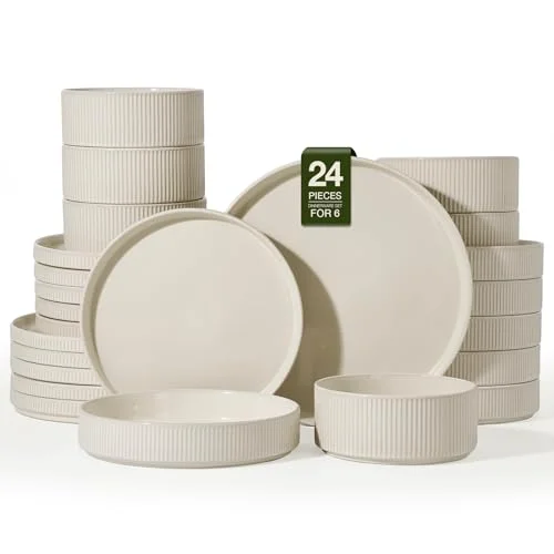 Famiware Stoneware Dinnerware Set with Pasta Bowls, set of 6