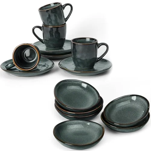 Famiware Ocean Espresso Cups with Saucers Set of 4 and Soy Sauce Dishes of 6