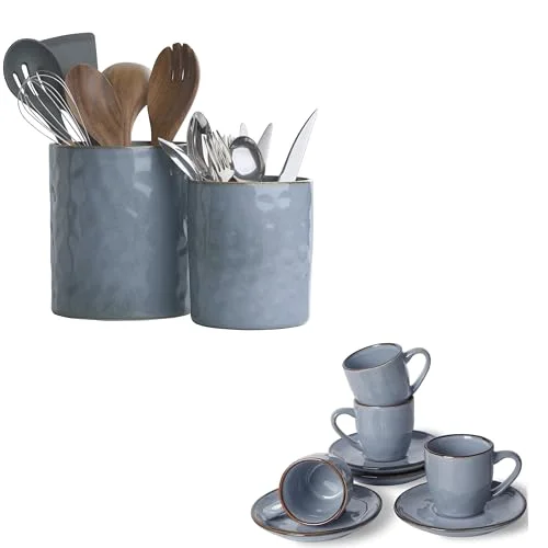 Famiware Ocean 3.34oz Espresso Cup Set and 7.2"+5.8" Ceramic Kitchen Utensil Holder
