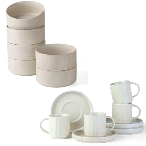 Famiware 23 oz Cereal Bowl Set and 3oz Espresso Cups and Saucers Set- Star