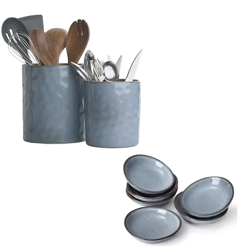 Famiware Ocean Soy Sauce Dishes of 6 and 7.2"+5.8" Ceramic Kitchen Utensil Holder