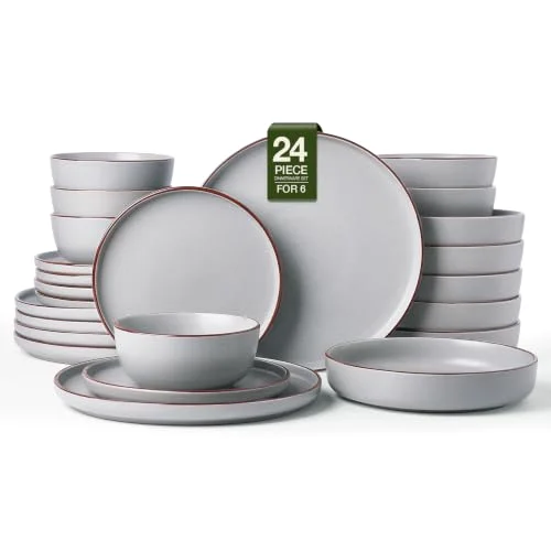 Famiware Mercury 24-Piece Stoneware Plates and Bowls,Light Grey