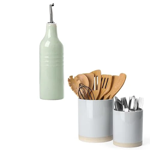 Famiware Kitchen Utensil Holder and 16oz Ceramic Olive Oil Dispenser Bottle