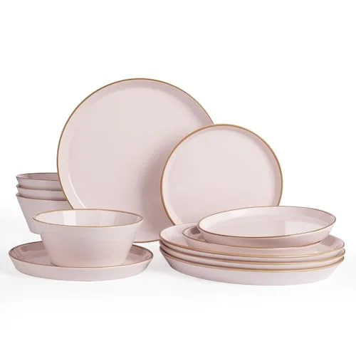 Famiware Saturn Dinnerware Sets, Ceramic Dishes for 4, Light Pink