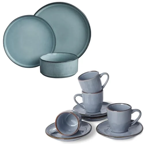 Famiware Star 12 Pieces Dinnerware Set + Ocean Espresso Cups with Saucers Set
