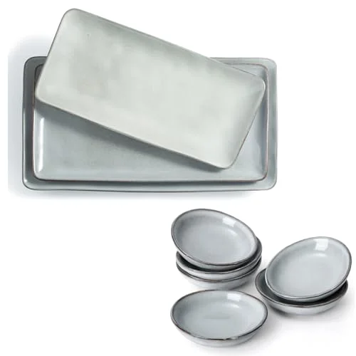Famiware Ocean 3 Pieces Rectangular Serving Platter + 6 Pieces Oval Dipping Bowl