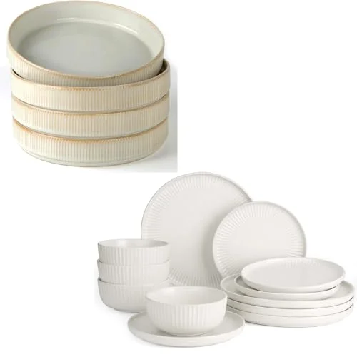 Famiware Dinnerware Sets, Plates and Double Bowls Dish Set of 4